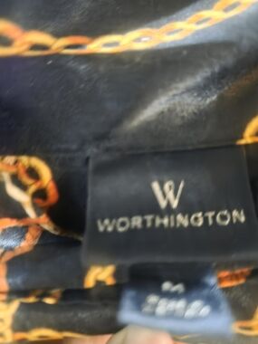 Worthington Black Blouse with Orange Chain Print